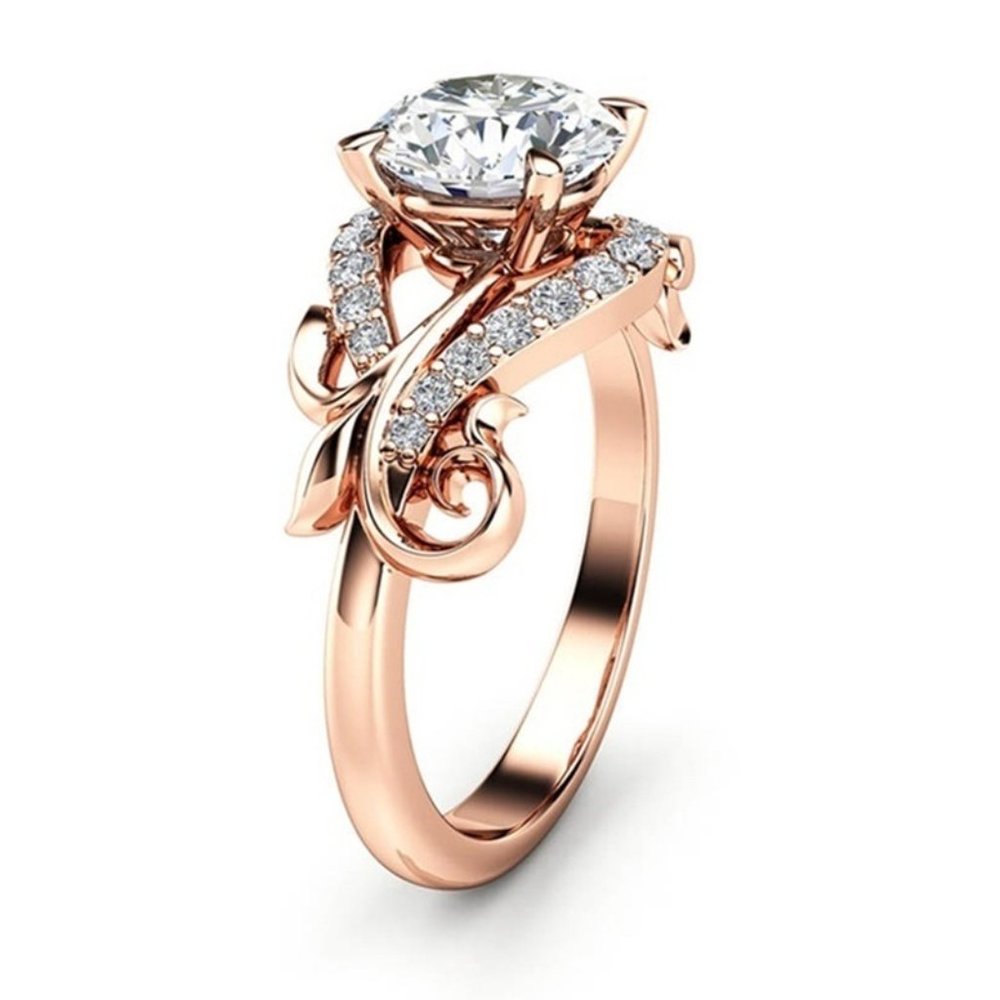 Rose Gold Flower Diamond Ring 925 Sterling Silver Titanium SZ:6-8 FAST SHIPPING!